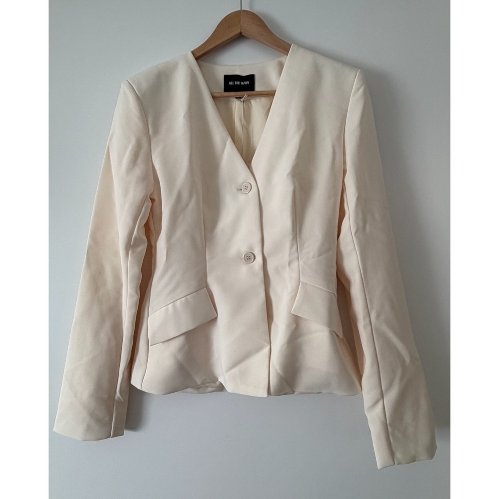 ALL THE WAYS Cream Collarless V-Neck Tailored Blazer Jacket NWT